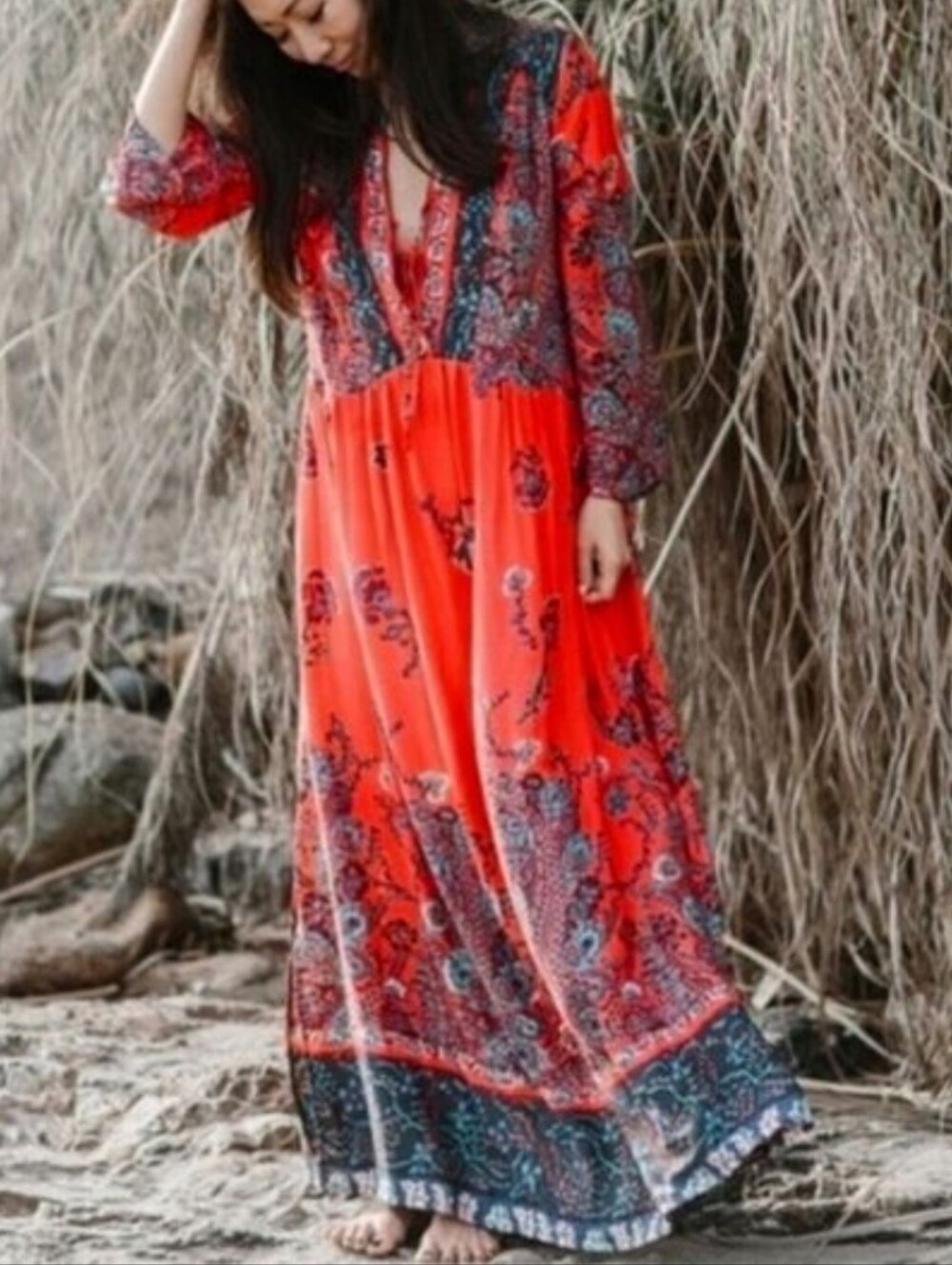 Free People If You Only Knew Dress Boho Floral Vneck Flowy Medium Maxi - Picture 7 of 11